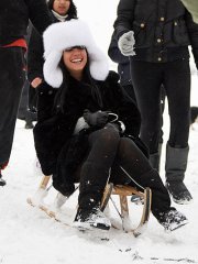 Lily Allen with furry white snow hat