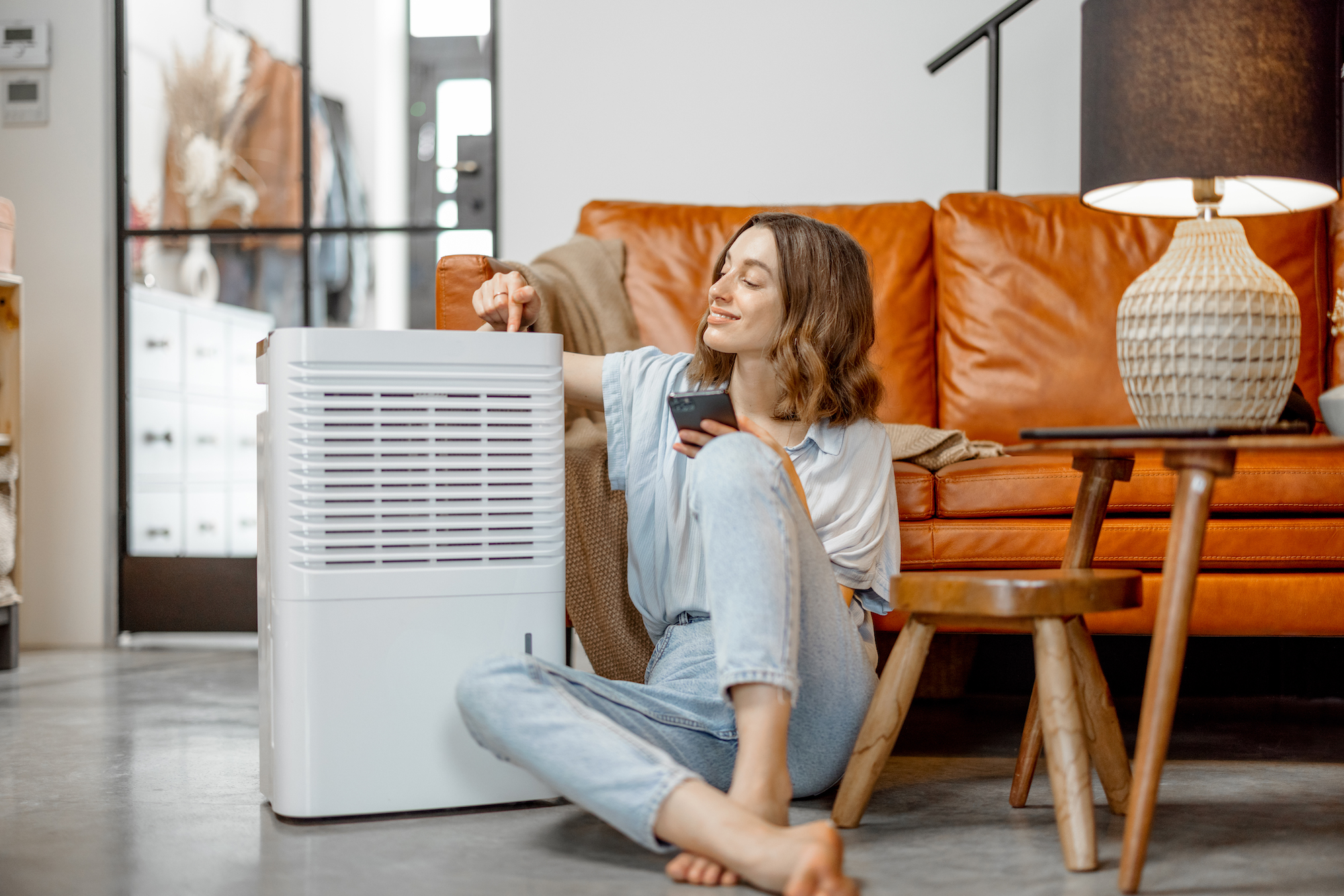 Pretty woman sitting near air purifier and moisturizer appliance near sofa monitoring air quality in phone. Health microclimate at home concept.