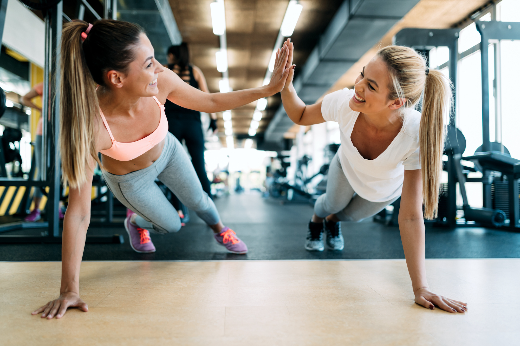 Two attractive fitness girls doing push ups in gym